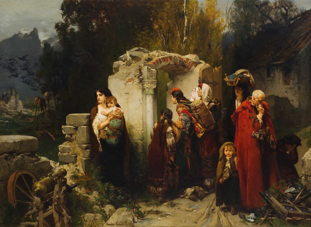 Hercegovky vracející se do vesnice vypálené bašibozuky, 1877